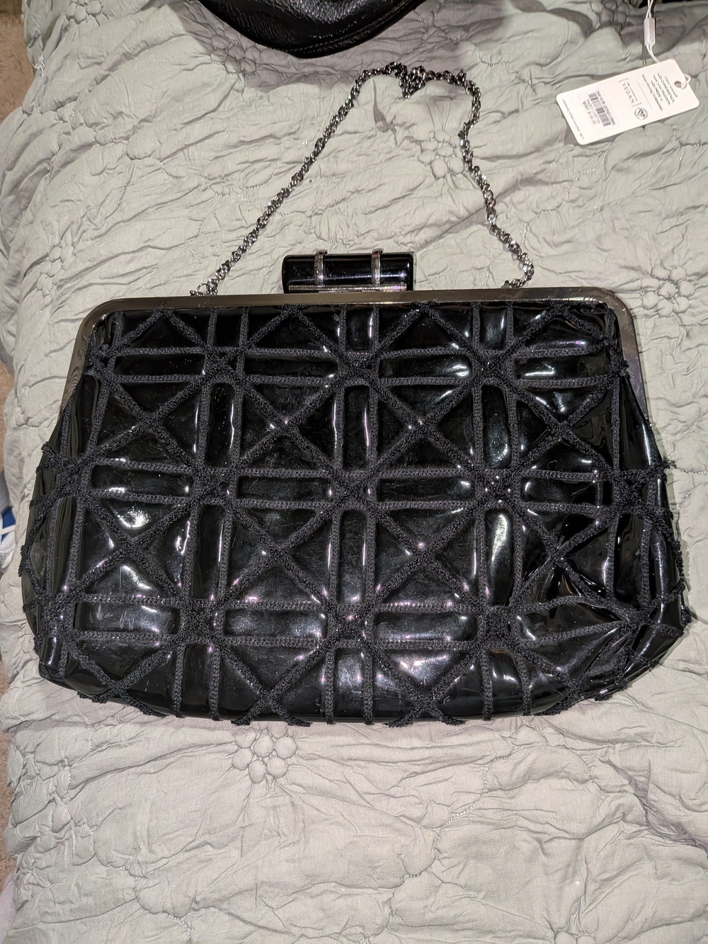 Big Buddha Black Patent Woven Clutch with Chain Strap